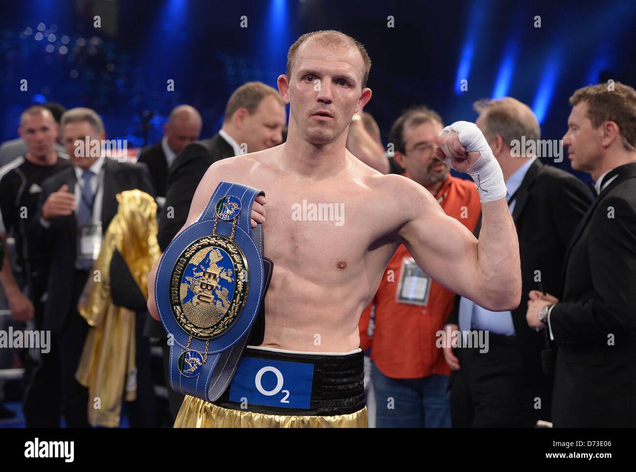 The German European boxing champion Juergen Braehmer celebrates after his  victory over French boxer Tony Averlant (not in picture) at the Sporthalle  in Hamburg, Germany, 27 April 2013. Braehmer defended his light