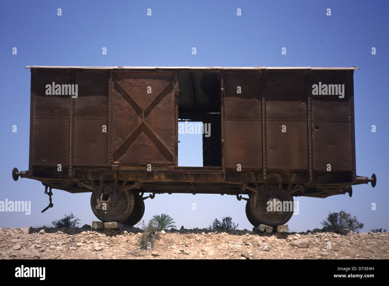 Deserted train wagon in the Negev desert Southern Israel Stock Photo