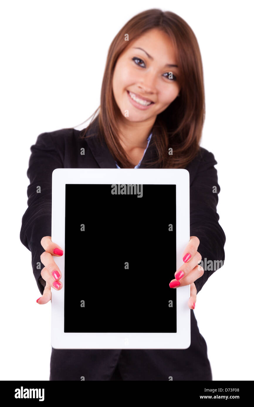Portrait of a young beautiful asian business woman holding a tablet pc ...