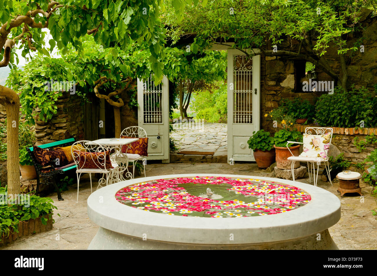 Garden Courtyard, Nisanyan House, Sirince, Turkey Stock Photo