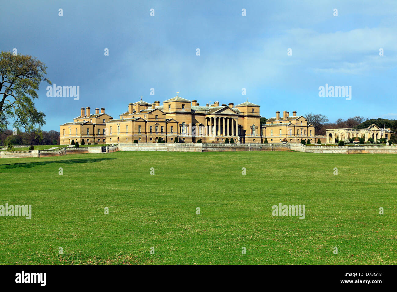 Holkham Hall, Norfolk, viewed across Park, 18th century Palladian mansion, England, UK English stately home homes Stock Photo
