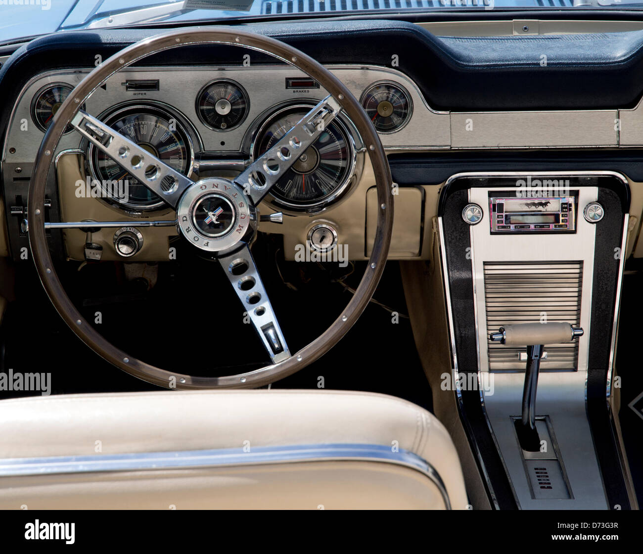 Ford Mustang interior at Ace Cafe's third annual InCarNation event in Brighton, England, UK - Sunday, April 28, 2013. Motor fans from across Britain bring their 'wheels' to Madeira Drive, Brighton, for a drive-in display of vehicles, featuring performance and modified cars Stock Photo