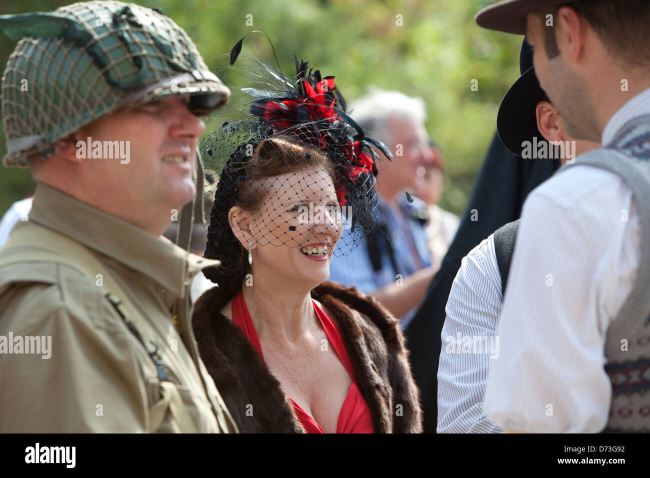 Enthusiasts in period costume at 1940's military reenactment at National Tramway Museum,Crich,Derbyshire Stock Photo