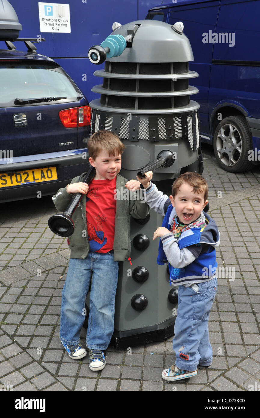 Cosplay cosplayers dressing up Stratford, London, UK. 28th April 2013. Two small boys and a Dalek at the costume parade. The Sci-Fi-London Costume Parade opens the 12th annual International Festival of Science Fiction and Fantastic Film held at Stratford Picture House in East London. Alamy Live News Stock Photo