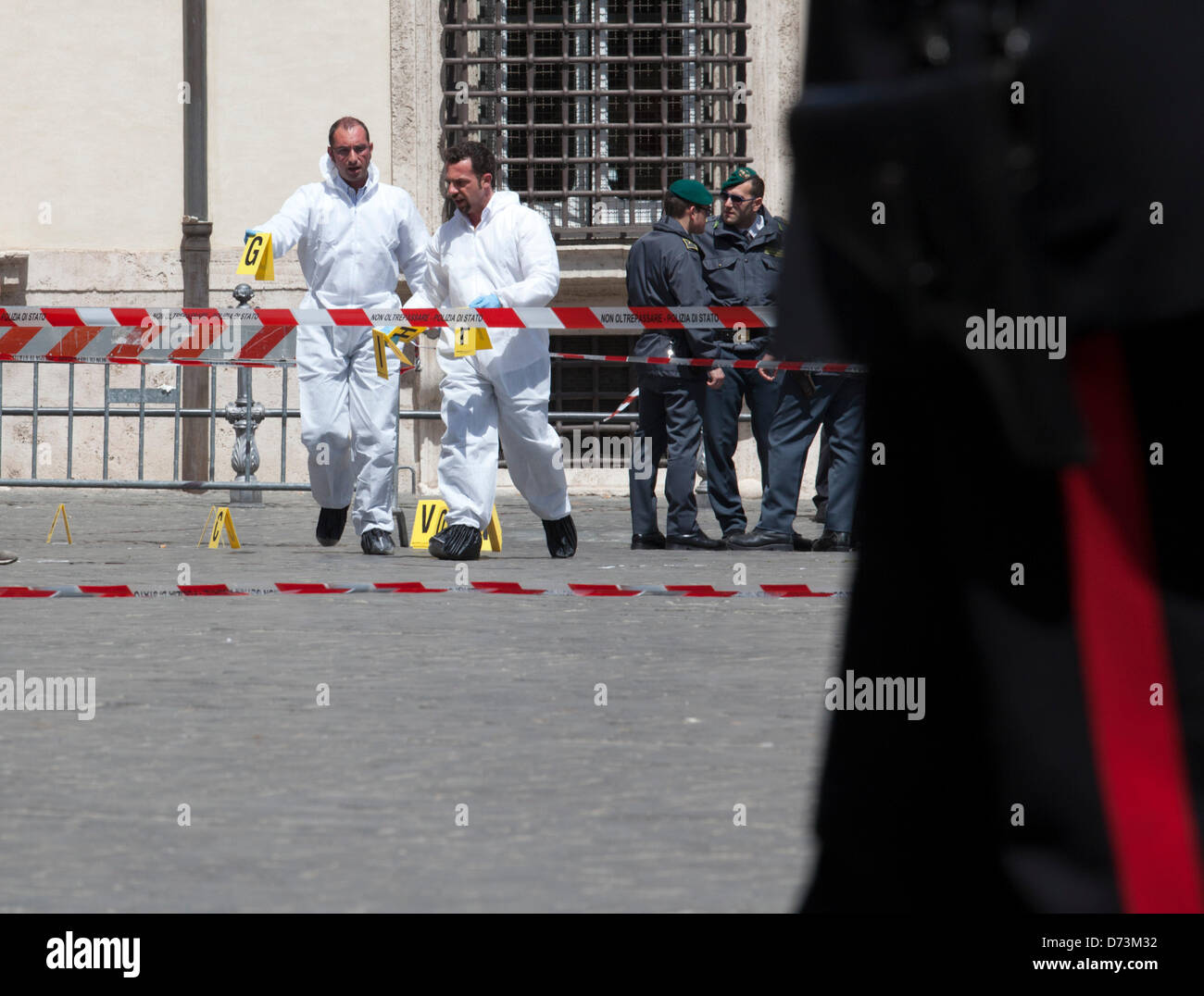 28th April 2013, Rome, Italy. During the swearing in of the new government of Prime Minister Enrico Letta, policemen have been injured in a shooting at Palazzo Chigi. Alamy Live News. Stock Photo