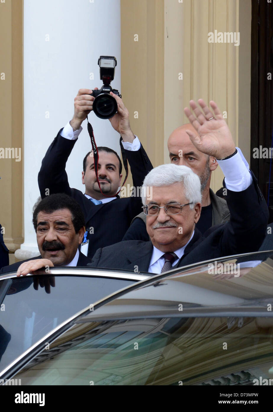 April 28, 2013 - Pompeii, Pompeii, Italy - Palestinan President Mahmud Abbas is greeted during a visit to Pompeii, near Naples, southern Italy, 28 April 2013. Abbas, currently on a visit to Italy, has confirmed on 27 April he had began holding talks about forming a new Palestinian national unity government, the official news agency Wafa reported  (Credit Image: © Thaer Ganaim/APA Images/ZUMAPRESS.com) Stock Photo