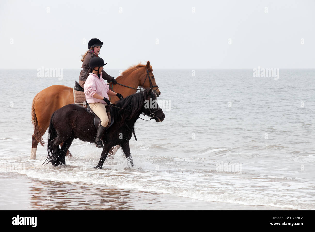 Two young women riding horses in the sea surf at the waters edge ...