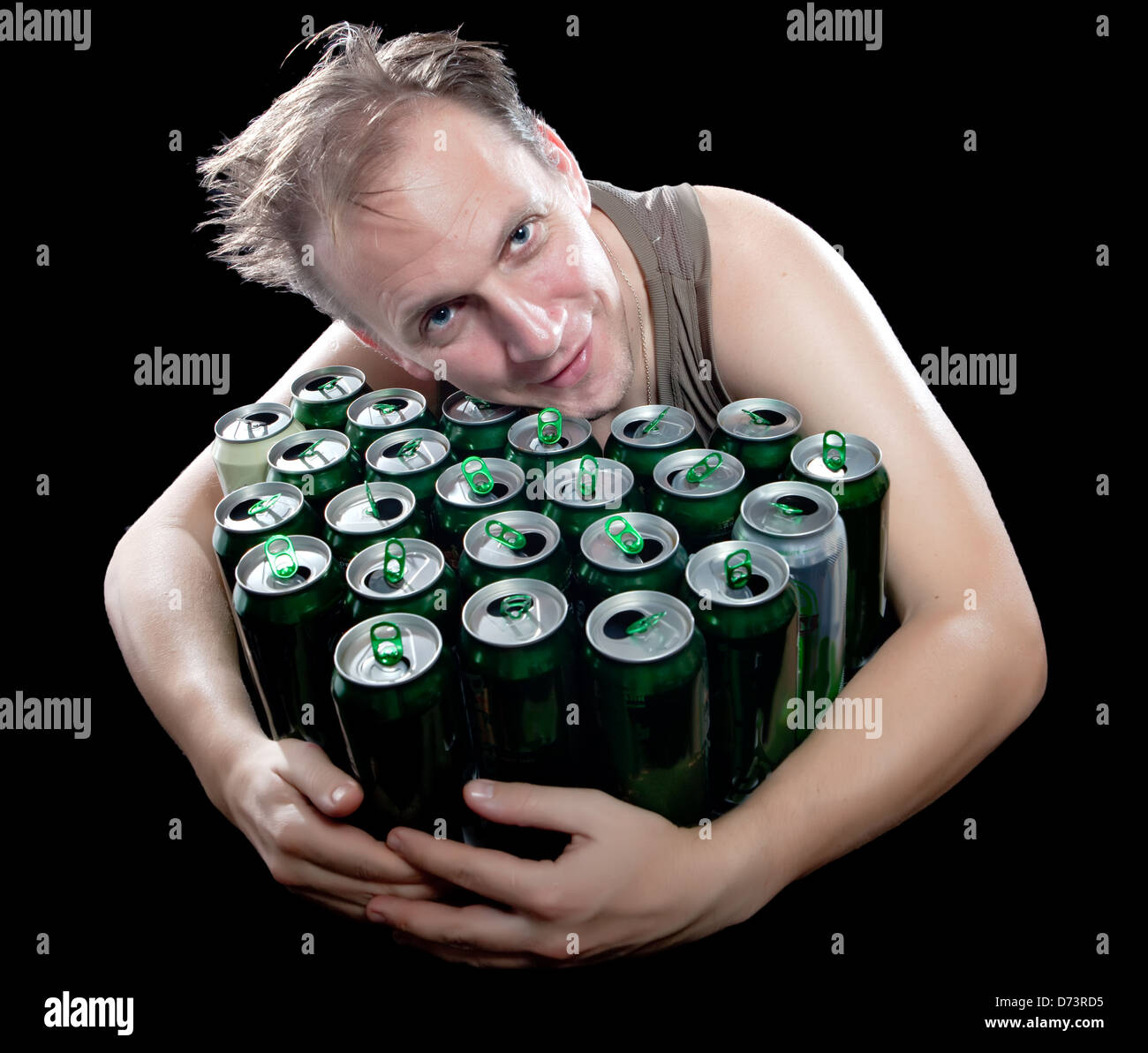 Hangover. Unhealthy man and beer cans Stock Photo Alamy