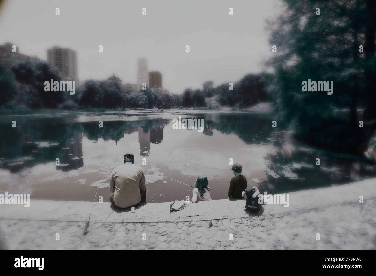 family, landscape, sad, New York, Central Park, water, lake, buildings Stock Photo
