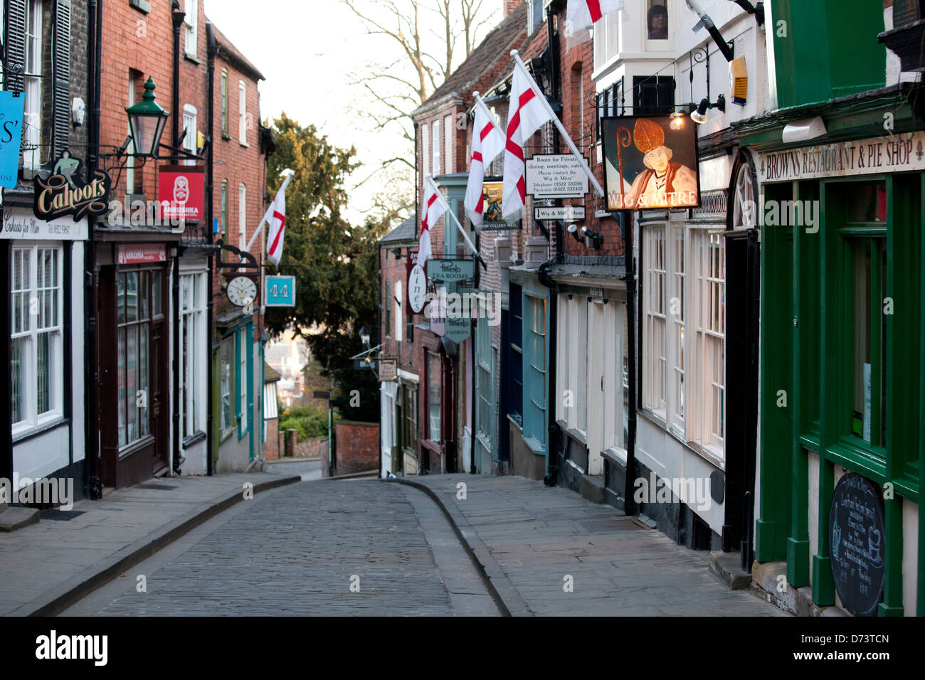 Steep Hill is a popular tourist street in the historic city of Lincoln, Lincolnshire, England. Stock Photo