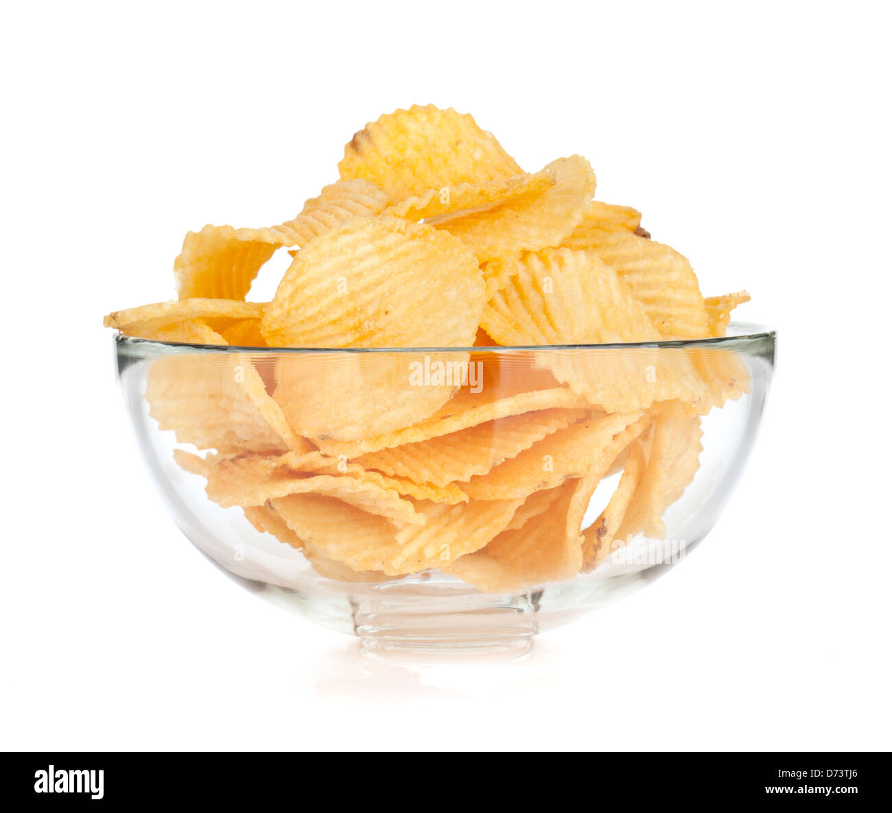Potato chips in glass bowl. Isolated on white background Stock Photo