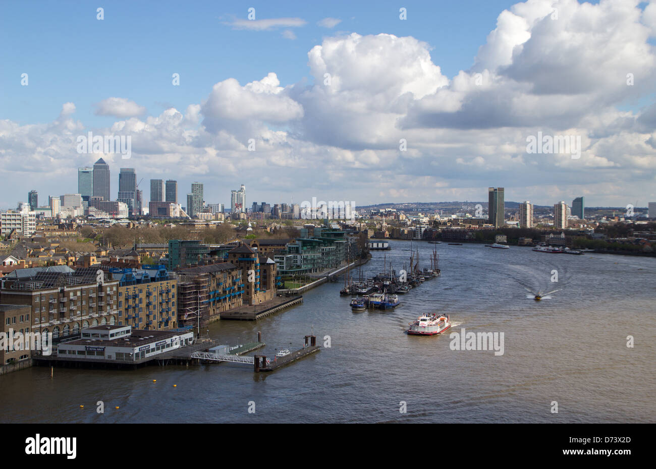 London landscape view looking east from Tower Bridge towards docklands Stock Photo