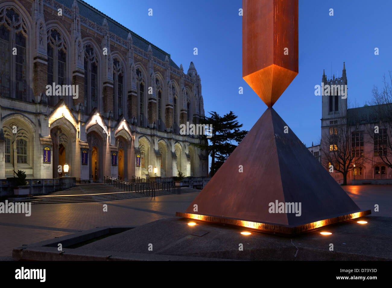 Suzzallo Library and broken obelisk in Red Square at twilight, University of Washington, Seattle, Washington, USA Stock Photo