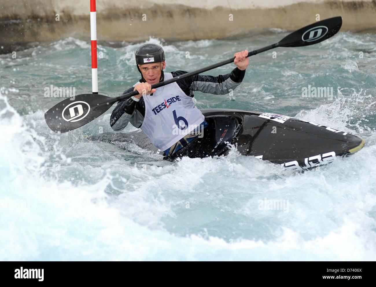 Hertfordshire, UK. 27th April 2013. Huw Swetnam. K1 Men. GB Canoe Slalom Team Selection. Lea Valley White Water Centre. Credit: Sport In Pictures/Alamy Live News Stock Photo