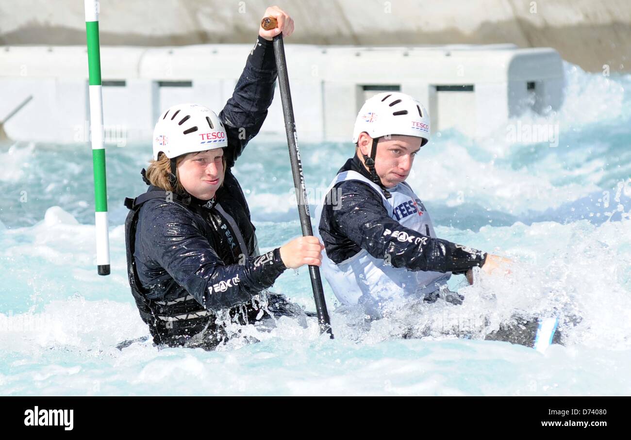 Hertfordshire, UK. 27th April 2013. Matt Holliday and Matt Evans. C2 Men. GB Canoe Slalom Team Selection. Lea Valley White Water Centre. Credit: Sport In Pictures/Alamy Live News Stock Photo