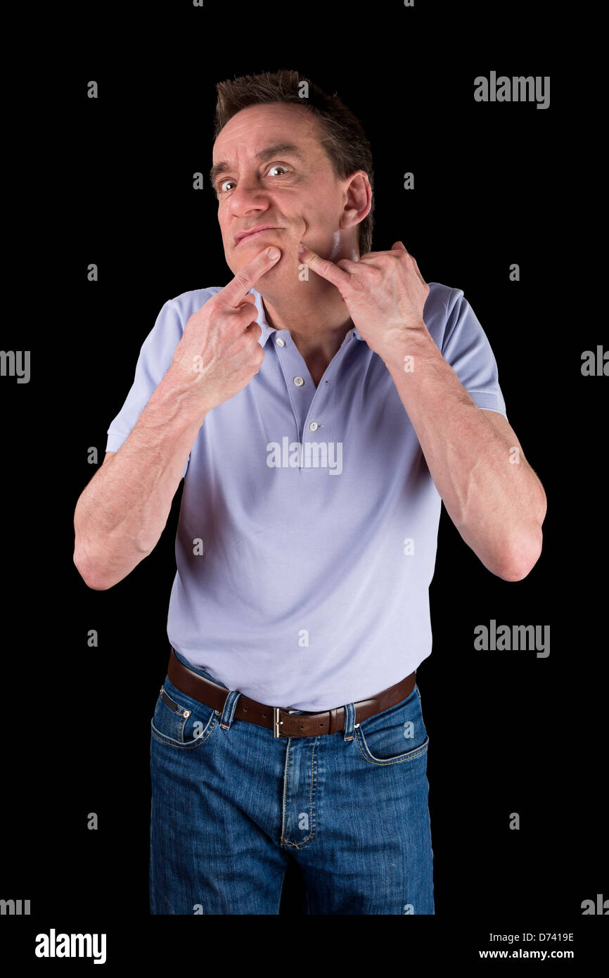 Funny Middle Age Man Squeezing Face Black Background Stock Photo
