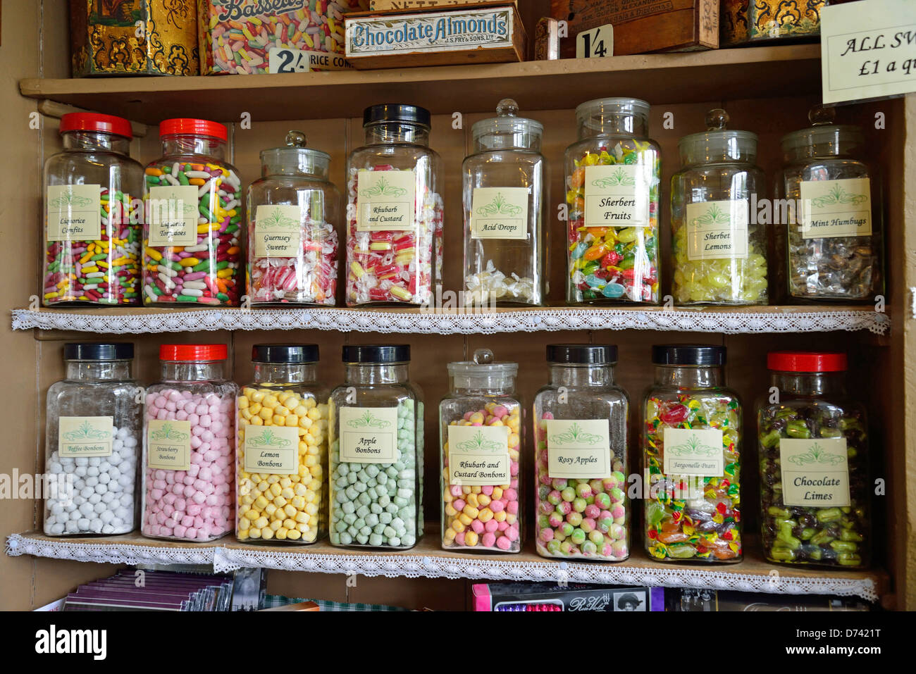Old-fashioned sweet jars in Victorian Shop & Parlour, Cornet Street, Saint Peter Port, Guernsey, Channel Island Stock Photo
