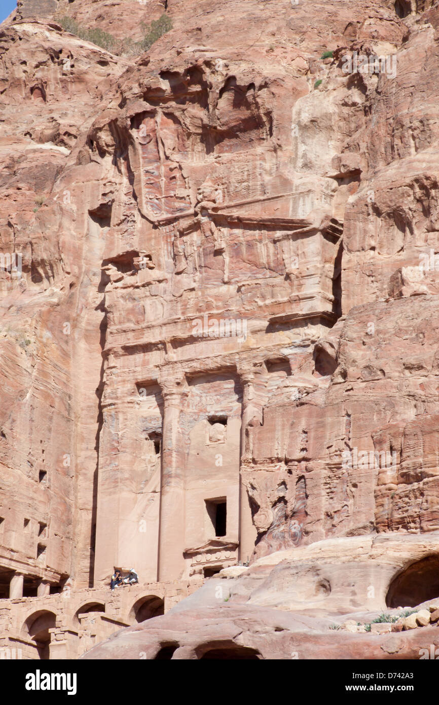 Lost Middle Eastern first century city of Petra, Jordan. A city carved out of solid rock cliffs and a modern travelers adventure Stock Photo