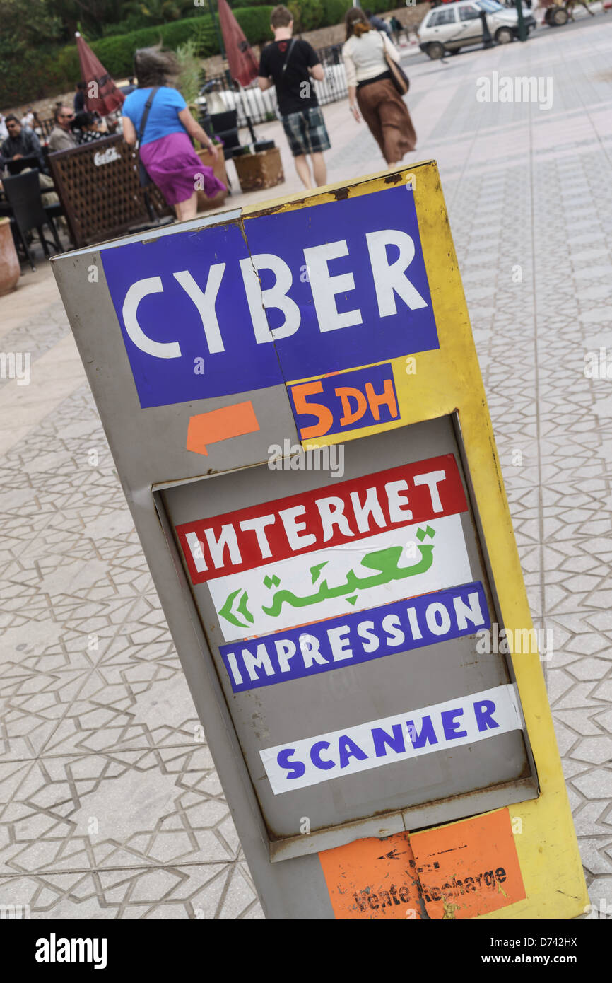 Morocco, Marrakesh - cyber internet sign. Computer bureau café with scanning, printing. Stock Photo
