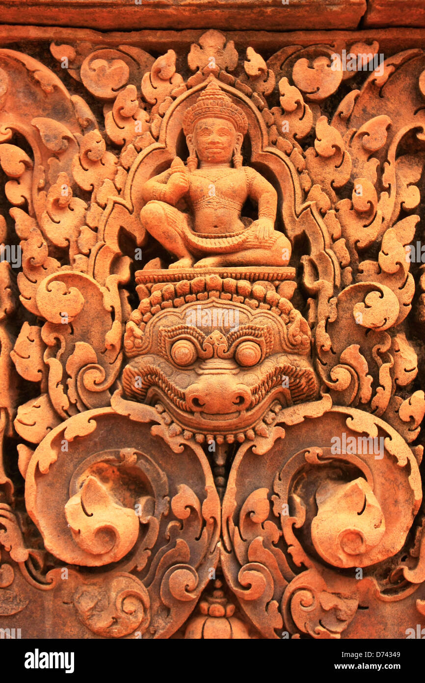 Decorative wall carvings, Banteay Srey temple, Angkor area, Siem Reap, Cambodia Stock Photo