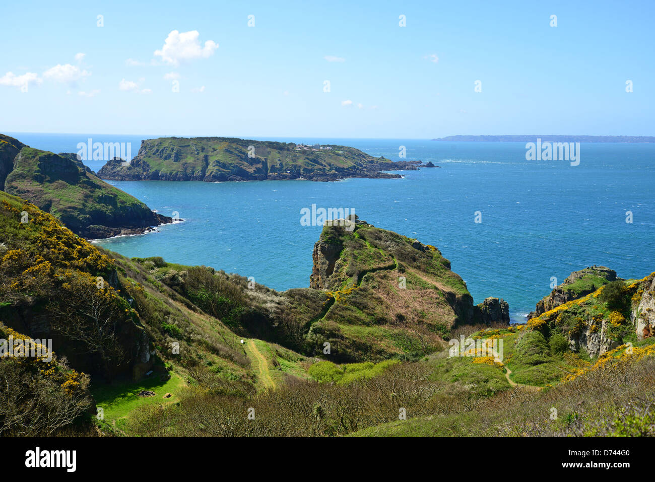 Coastal view showing Isle of Brecqhou, Greater Sark, Bailiwick of Guernsey, Channel Islands Stock Photo