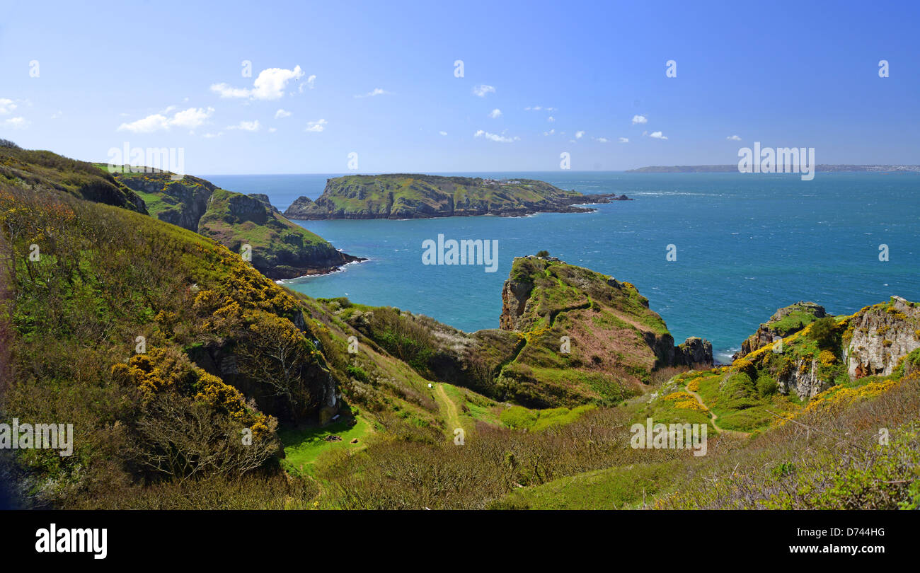 Coastal view showing Isle of Brecqhou, Greater Sark, Bailiwick of Guernsey, Channel Islands Stock Photo