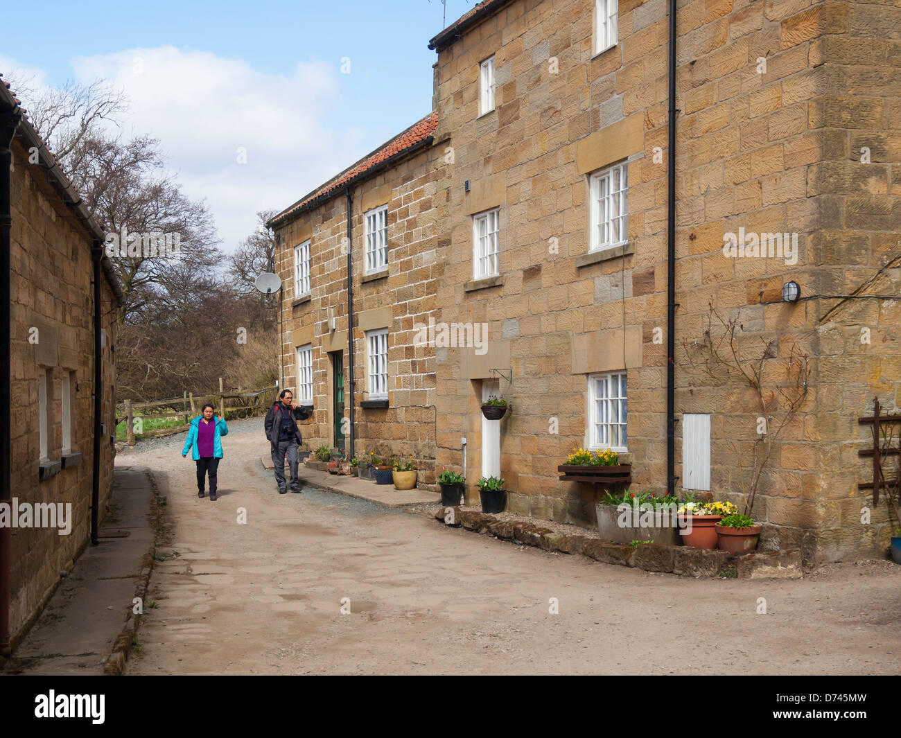 An Asian couple walk briskly through High Mill at the North end of the Farndale walk in North Yorkshire famous for daffodils Stock Photo