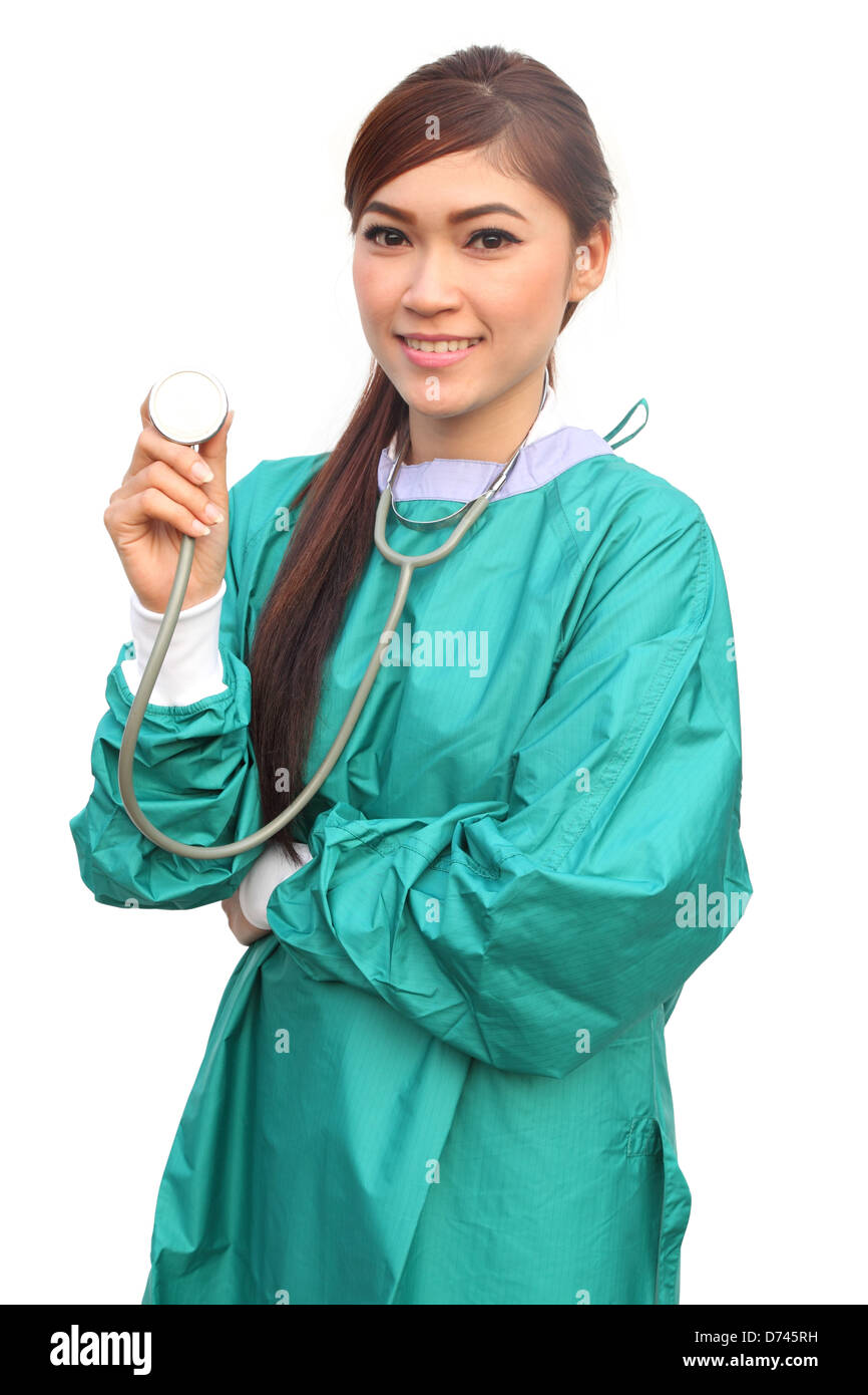 female doctor wearing a green scrubs and stethoscope on white