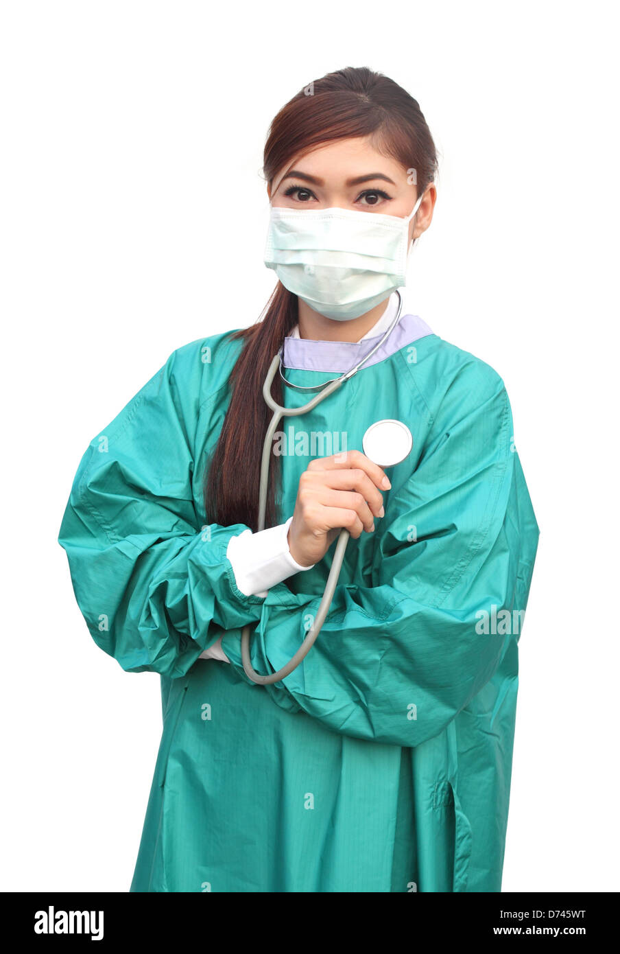 female doctor wearing a green scrubs and stethoscope on white ...