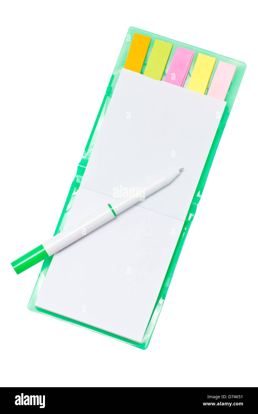 Pen and Blank Notebook With Colorful Sticky Notes. Stock Photo