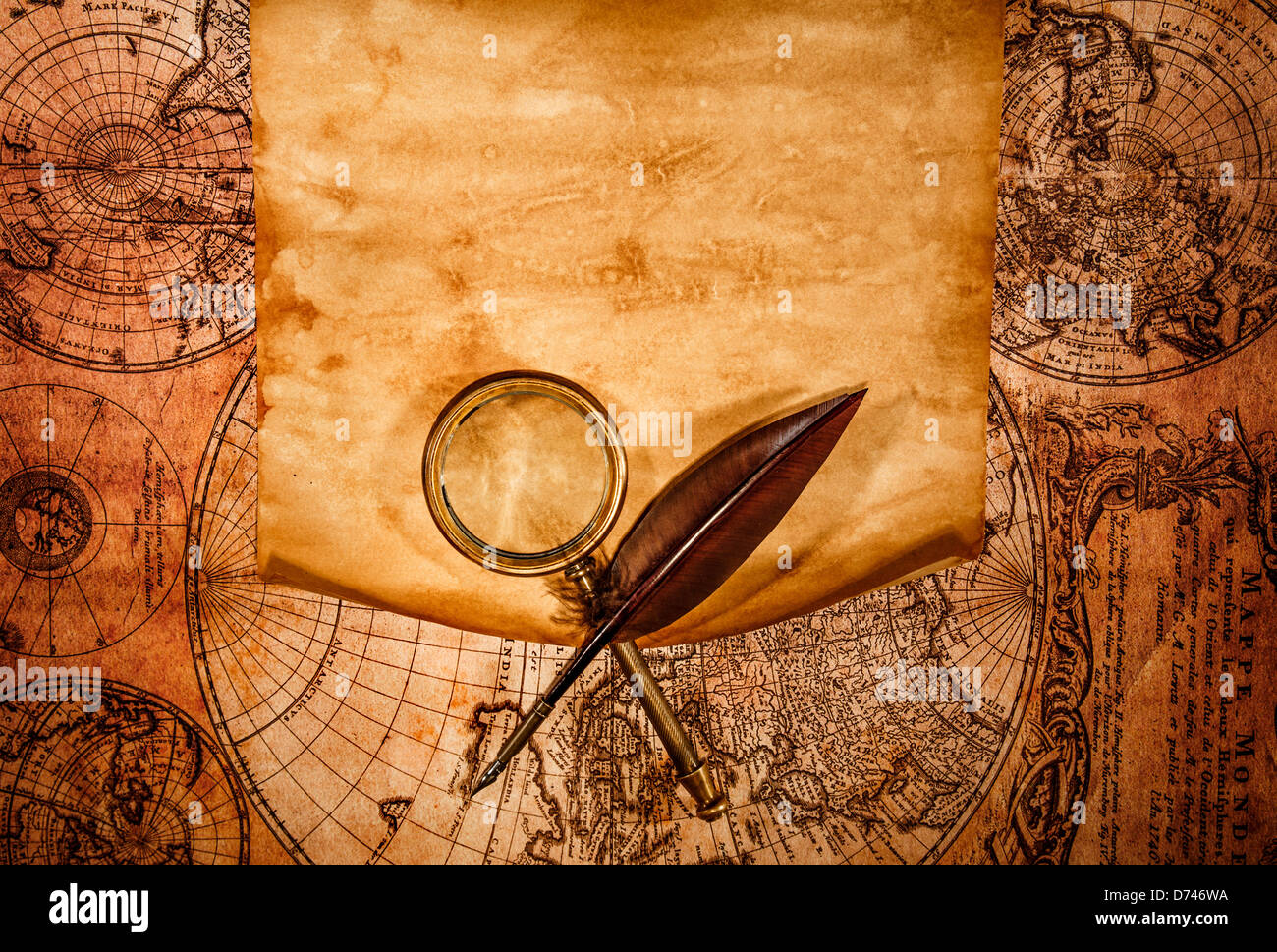 Blank old paper with curled edge against the background of an ancient map  Stock Photo - Alamy