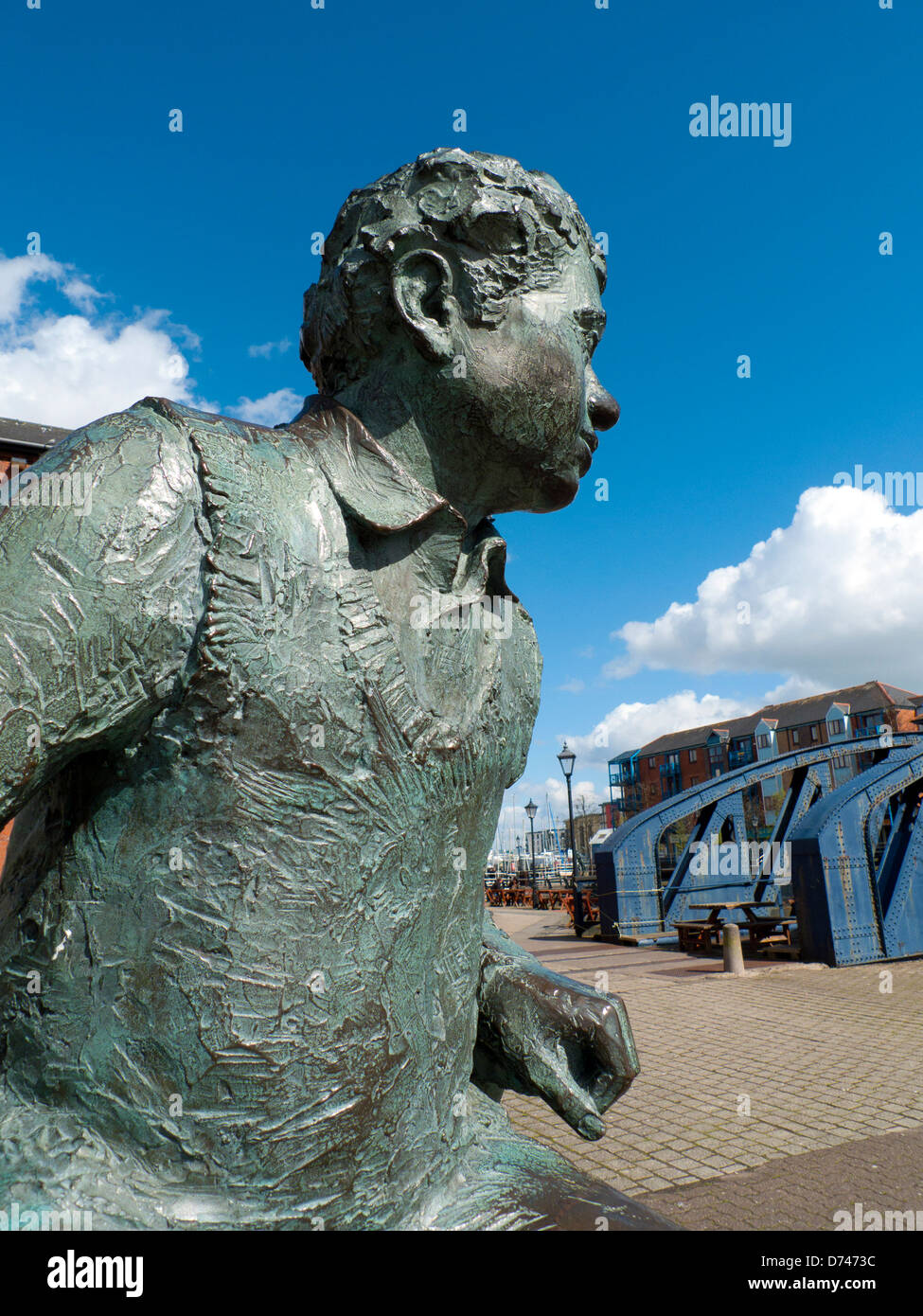 Dylan Thomas sculpture profile view on Swansea marina waterfront South ...