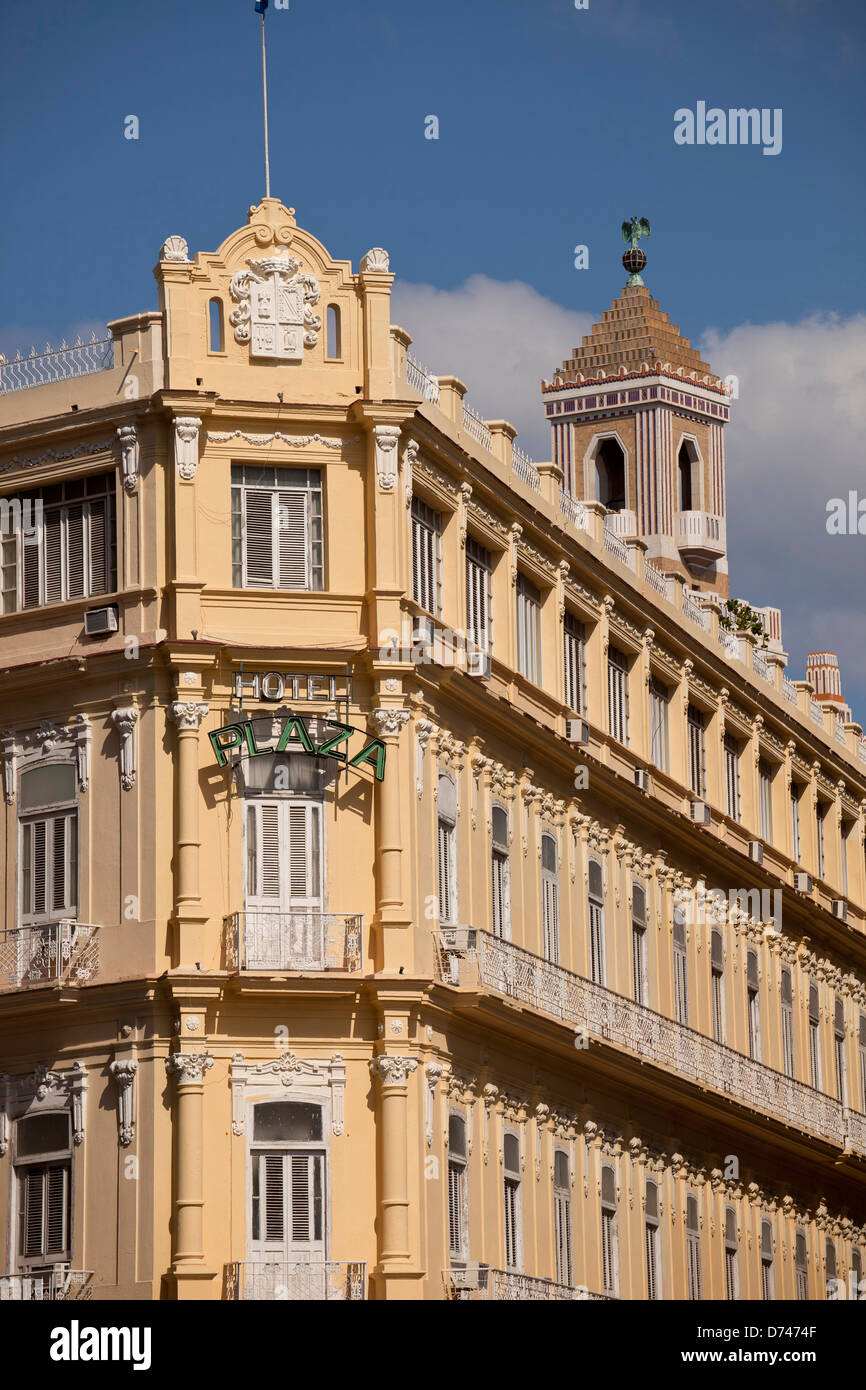 Hotel Plaza and tower of the Edificio Bacardi in Havana, Cuba, Caribbean Stock Photo
