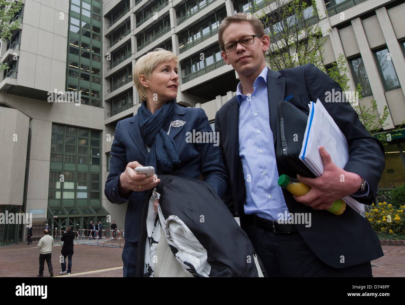 Lawyers Anja Sturm and Wolfgang Heer are pictured in front of the criminal justice centre Nyphenburger Strasse in Munich, Germany, 29 April 2013. Sturm and Heer are two of three defending lawyers of defendant and former member of the Nazi terror cell NSU, Beate Zschaepe. The seats for people of the press attending the NSU-muder trial are defined by lottery on the same day. Photo: PETER KNEFFEL Stock Photo