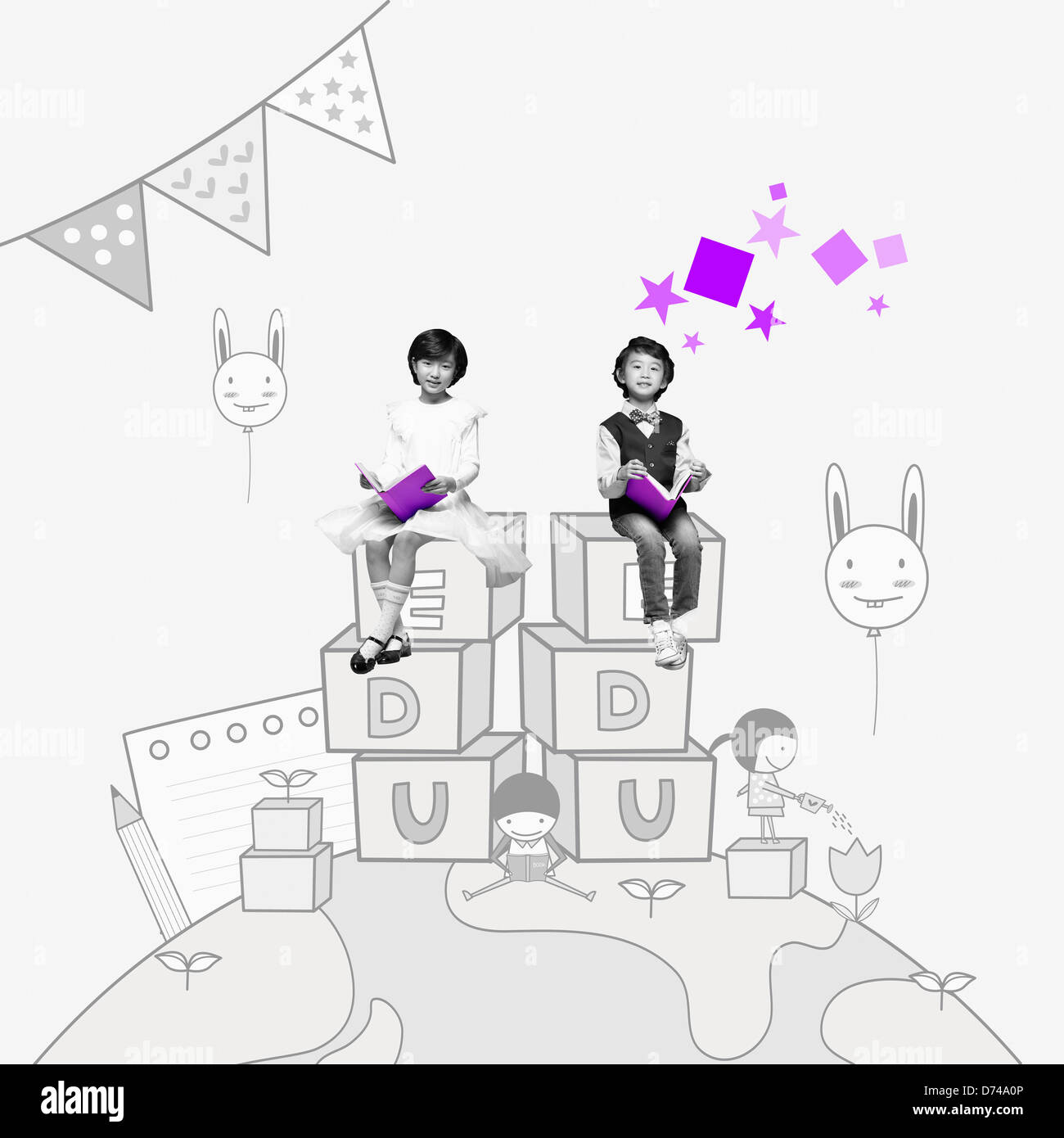 girl and boy sitting on piles saying Edu Stock Photo Alamy