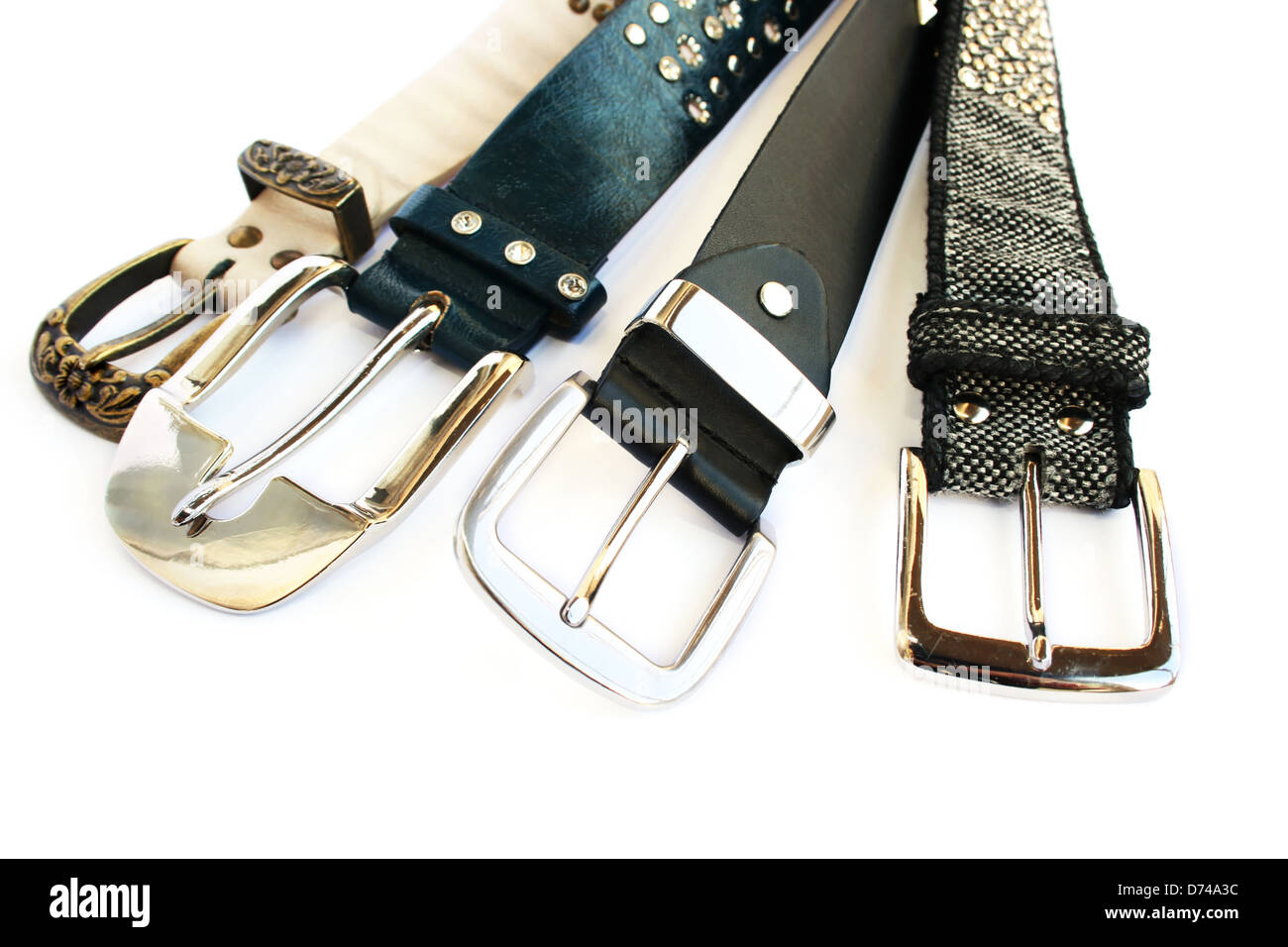Fashionable belts isolated on white background. Stock Photo