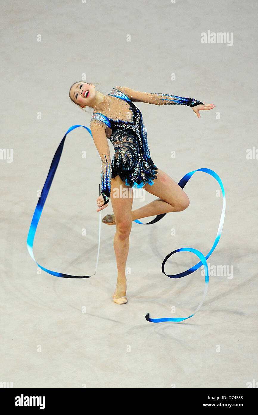 28.04.2013 Pesaro, Italy. Son Yeon Jae of Korea, winner of the silver medal in the ribbon apparatus during day three of the Rhythmic Gymnastic World Cup Series from the Adriatic Arena. Stock Photo