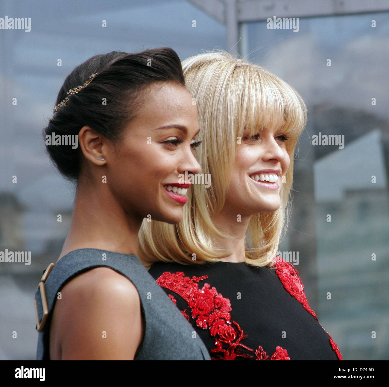 Berlin, Germany. 28th April, 2013. US actress Zoe Saldana (L) and British actress Alice Eve pose during the presentation of the movie 'Star Trek Into Darkness' in Berlin, Germany, 28 April 2013. The film will be released in Germany on 09 May 2013. Photo: XAMAX/dpa/dpa/Alamy Live News Stock Photo