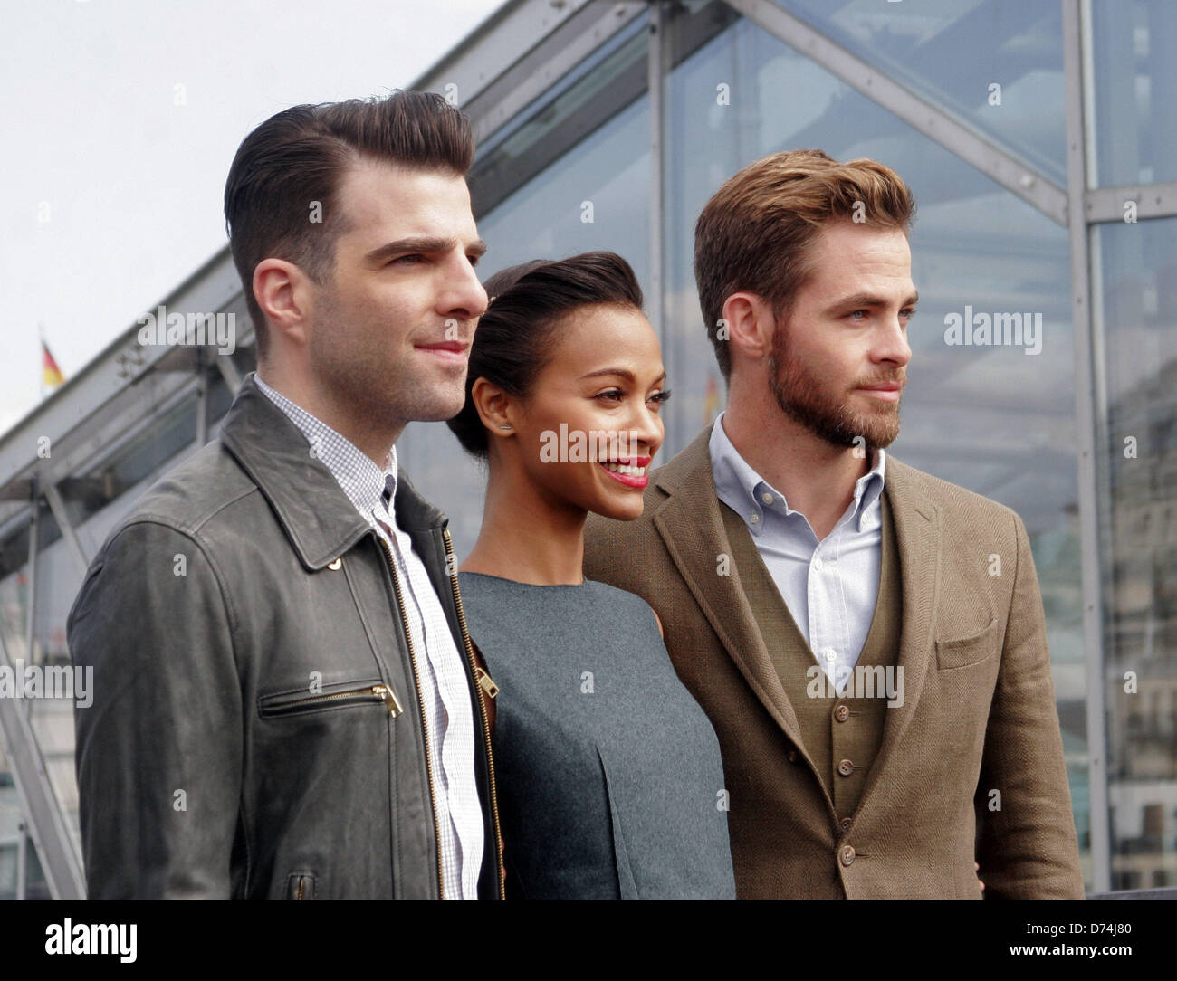 Berlin, Germany. 28th April, 2013. Actors Zachary Quinto (USA, L), Zoe Saldana (USA) and Chris Pine (USA) pose during the presentation of the movie 'Star Trek Into Darkness' in Berlin, Germany, 28 April 2013. The film will be released in Germany on 09 May 2013. Photo: XAMAX/dpa/dpa/Alamy Live News Stock Photo