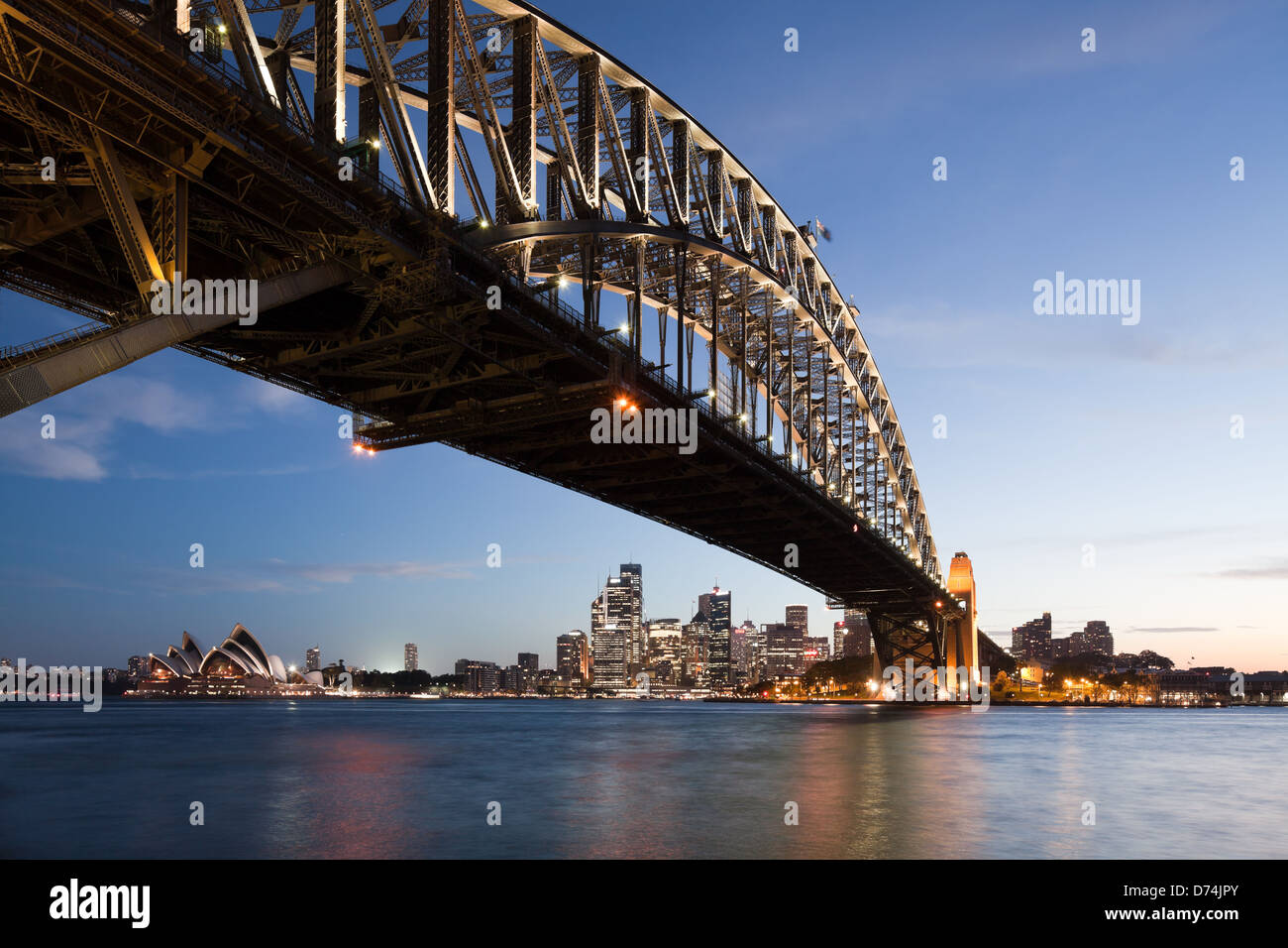 Harbor bridge in Sydney with downtown skyline at sunset Stock Photo - Alamy