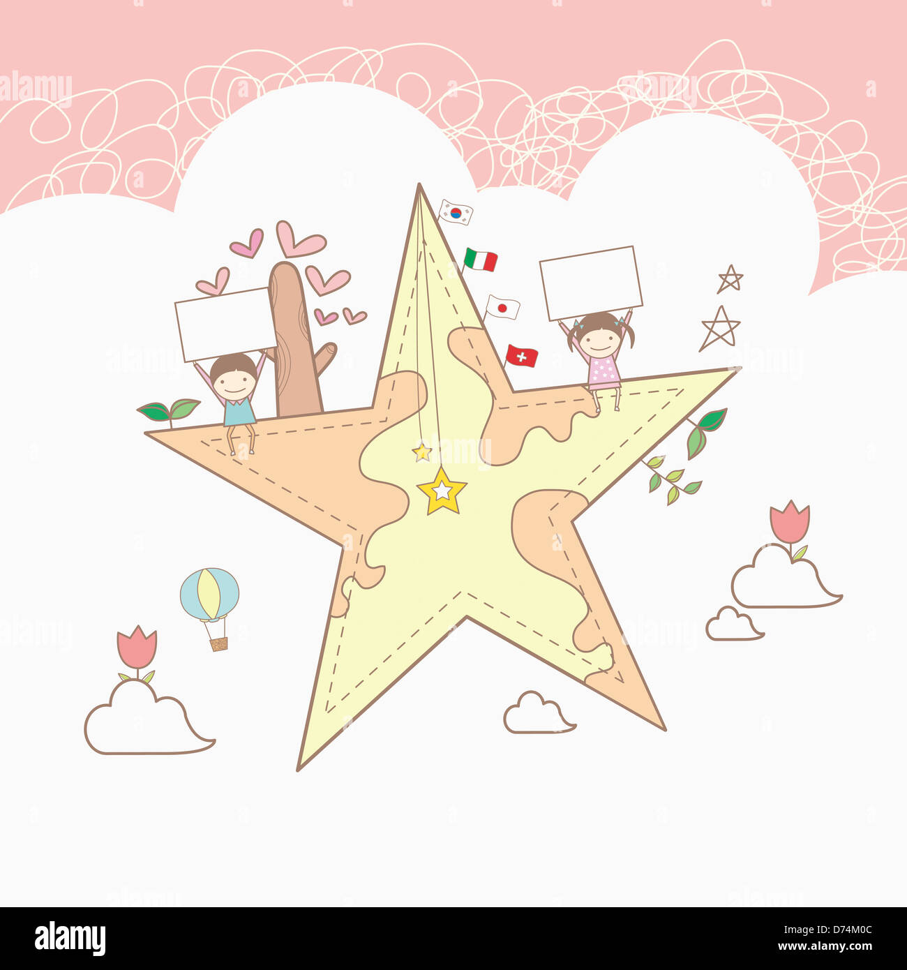illustration of kids holding white board Stock Photo - Alamy