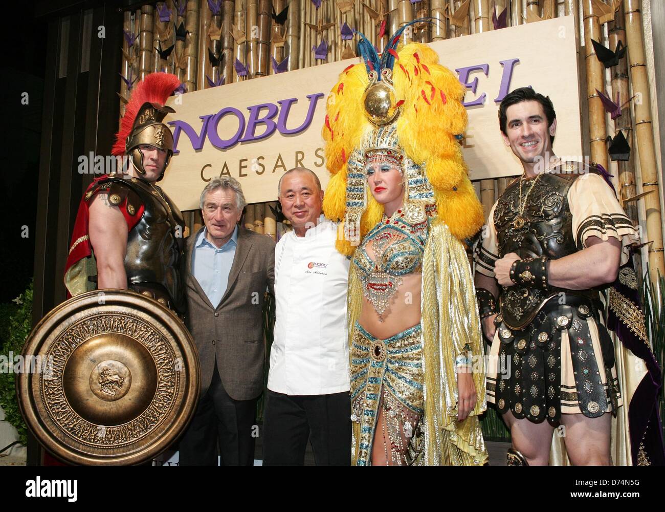 Las Vegas, USA. 28th April 2013. Roman Gladiator, Robert De Niro, Nobu Matsuhisa, Cleopatra, Caesar Augustus at Nobu Hotel Restaurant and Lounge Grand Opening, Garden of the Gods Pool Oasis, Nobul Hotel Caesars Palace, Las Vegas, NV April 28, 2013. Photo By: James Atoa/Everett Collection/Alamy Live News Stock Photo