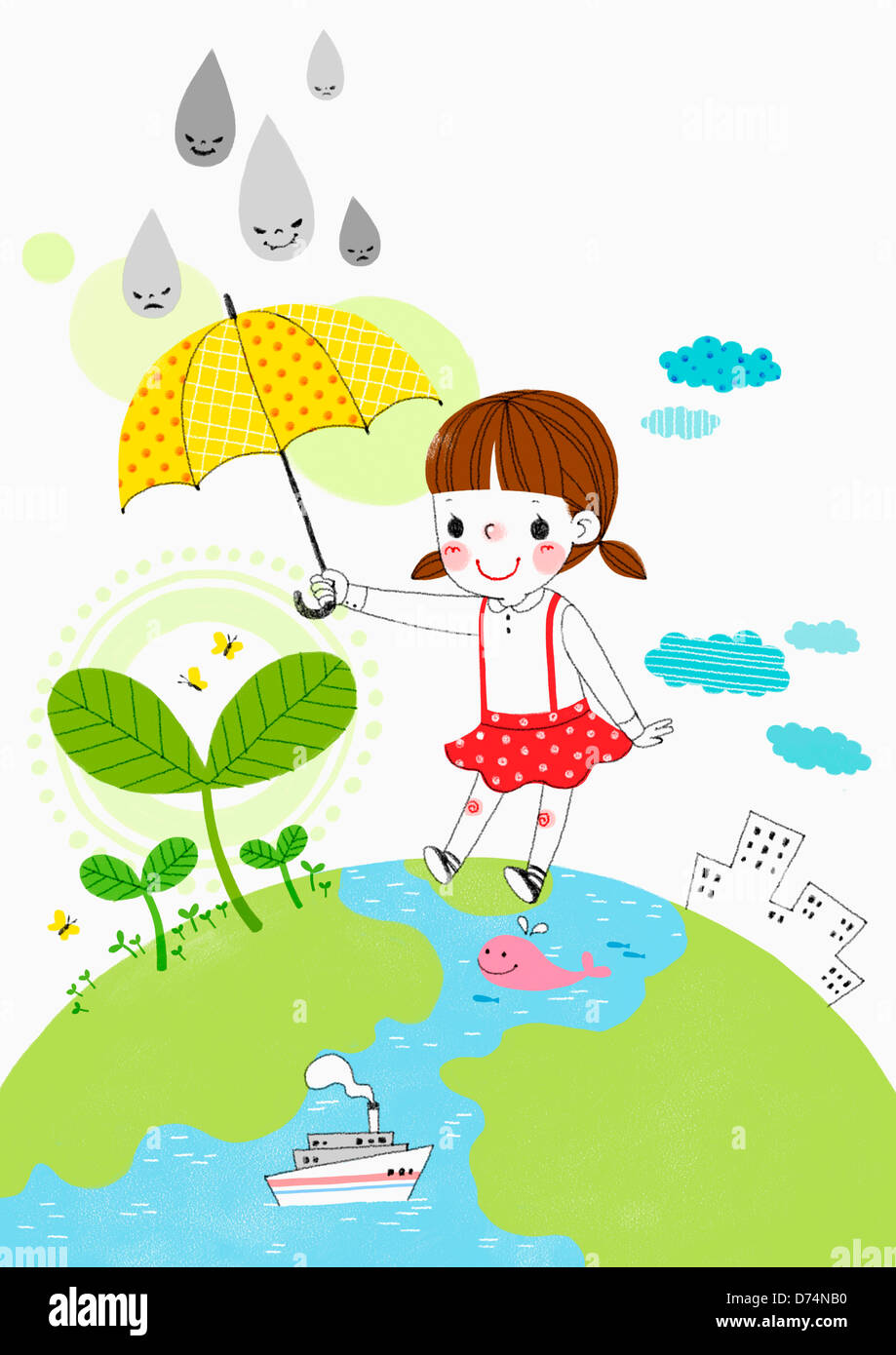 illustration of a girl holding umbrella Stock Photo - Alamy
