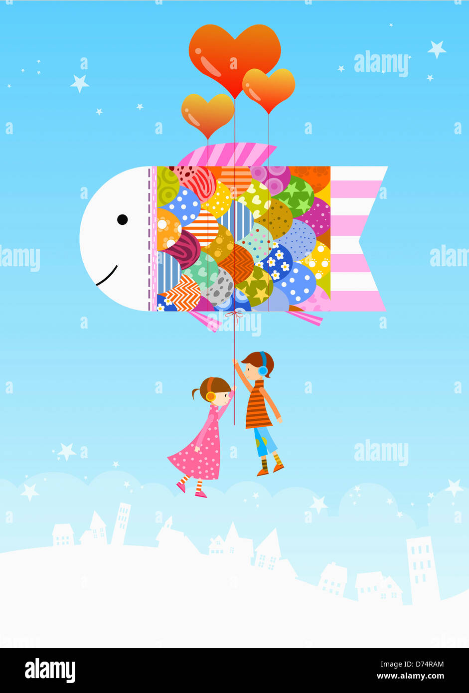 illustration of a couple with heart shape balloons Stock Photo - Alamy