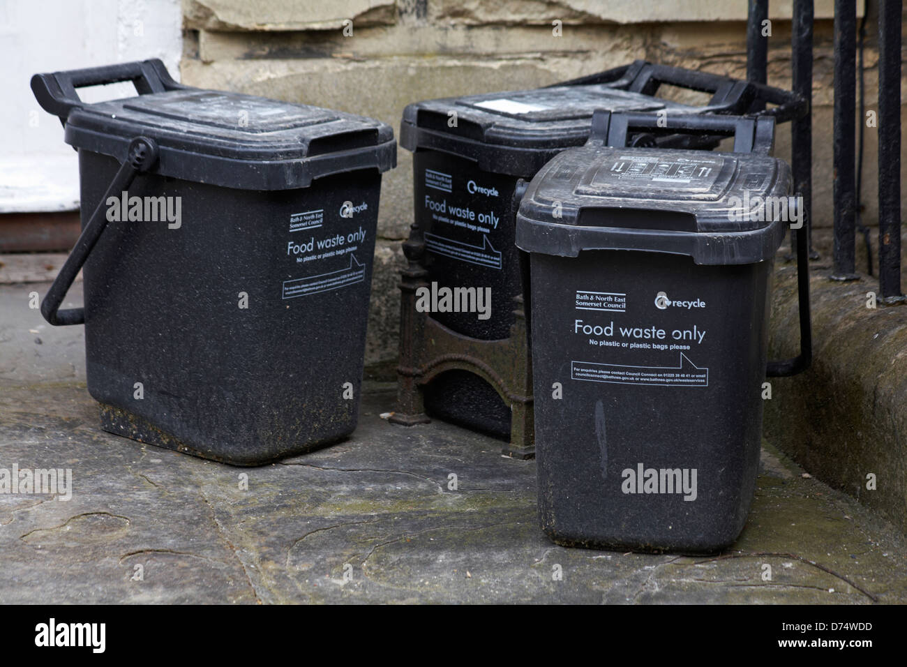 Food Waste only recycling bins ready for collection outside properties