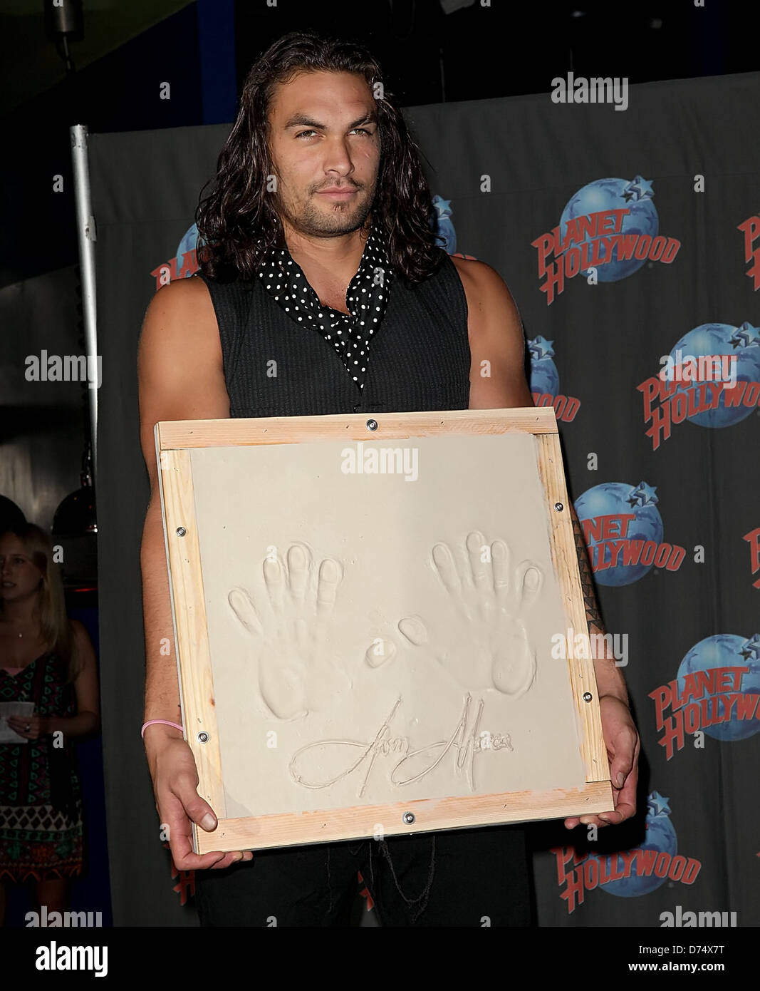 Jason Momoa promotes his starring role in 'Conan the Barbarian' with a hand print ceremony at Planet Hollywood in Times Square Stock Photo