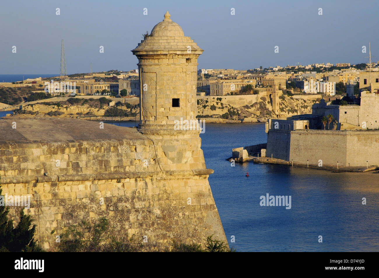 View of the Grand Harbour and the sentry post of St. Peter and St. Paul Counterguard a large two-tiered artillery platform built in 1640 in order to provide added protection to Valletta's land front. Malta island Stock Photo