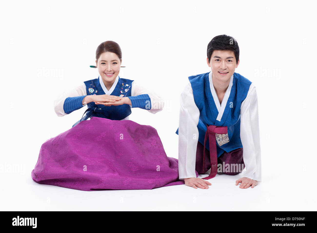 a couple in Korean tradition costume bowing Stock Photo