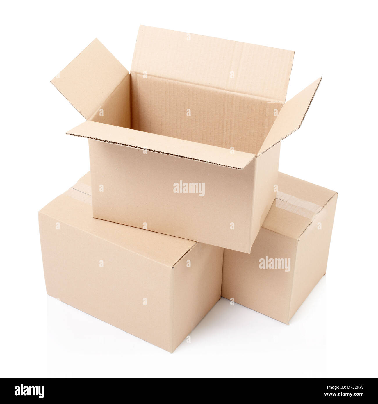 Open cardboard box on top of others isolated on white, clipping path included Stock Photo