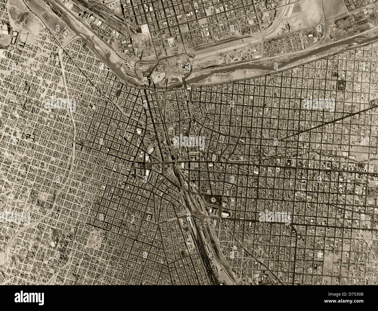 historical aerial photograph US Mexican border, Ciudad Juarez, Mexico, El Paso, Texas, 1967 Stock Photo